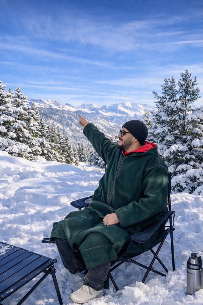 Marouane assis dans la neige, montrant les montagnes de l'Atlas